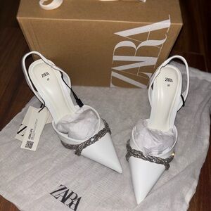 ZARA White Pointed Slingback Heels with Crystal Embellishments